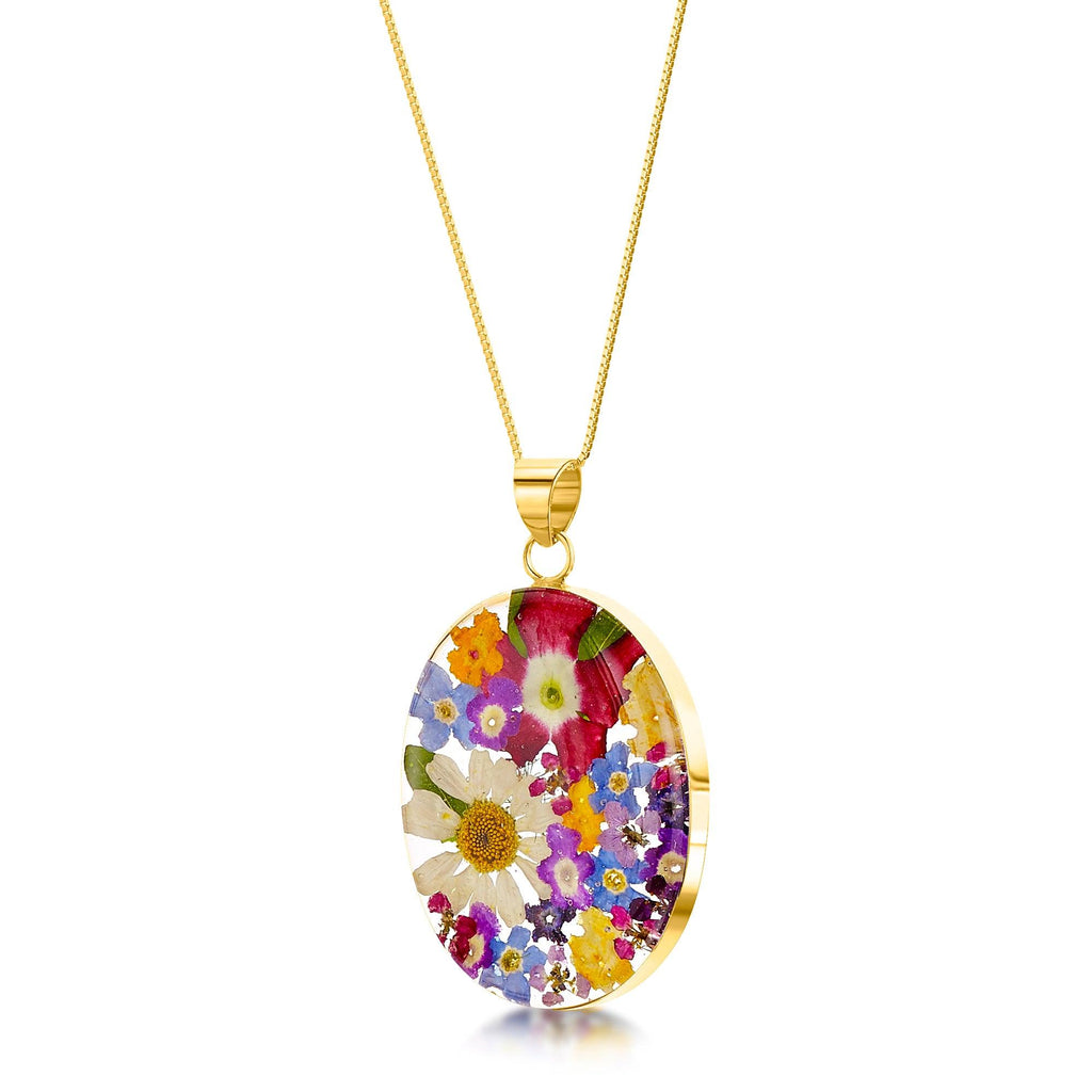 Flower jewellery by Shrieking Violet® Gold-plated sterling silver oval pendant necklace with real flowers. Floral jewellery