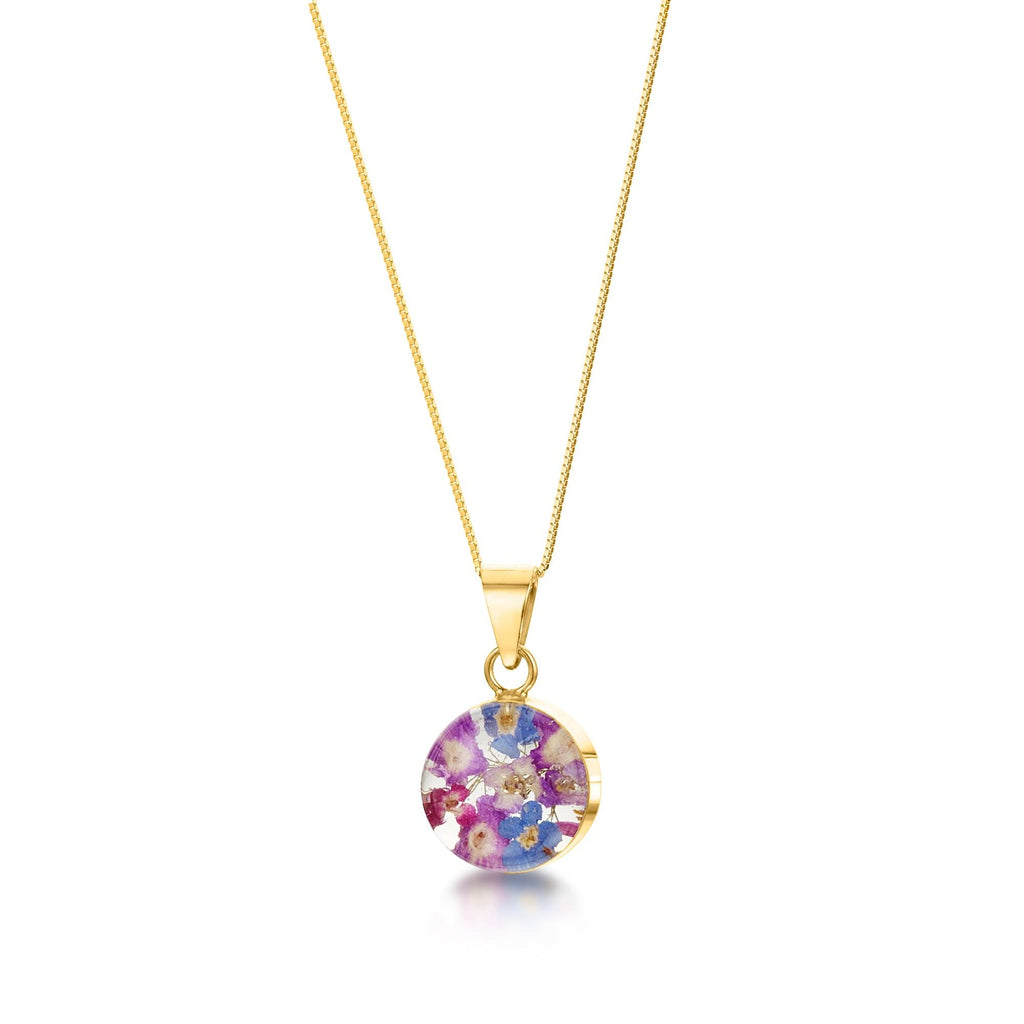 Flower jewellery by Shrieking Violet® Gold-plated sterling silver round pendant necklace with violets & forget me nots. Gift for girlfriend or wife