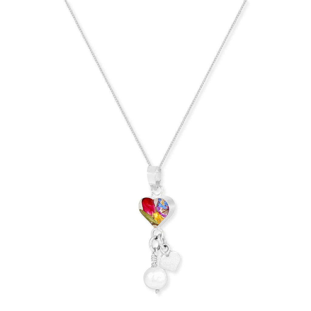 Flower necklace by Shrieking Violet® Sterling silver heart charm pendant with real flowers & a pearl. jewellery gift for gardener