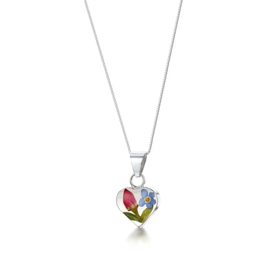 Flower necklace by Shrieking Violet Sterling silver heart pendant with a real forget-me-not & miniature rose. Romantic valentine jewellery gift.