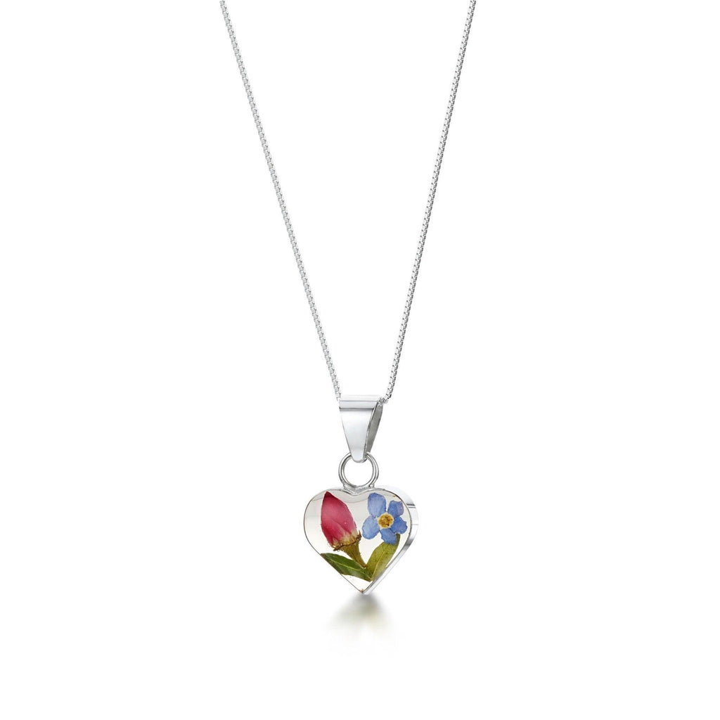 Flower necklace by Shrieking Violet Sterling silver heart pendant with a real forget-me-not & miniature rose. Romantic valentine jewellery gift.