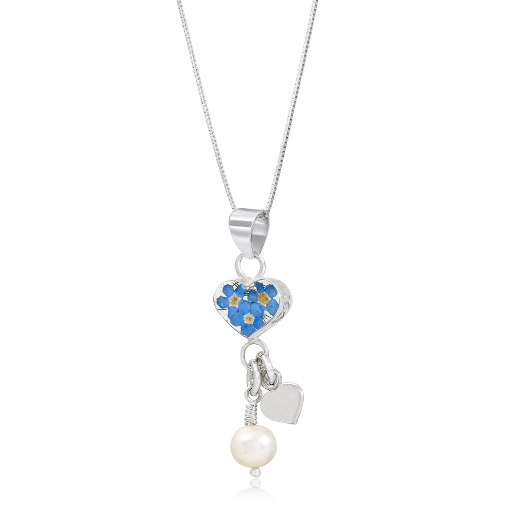 Forget-me-not necklace by Shrieking Violet® Sterling silver heart charm pendant with real forget-me-nots & a cultured pearl. Ideal for Mothers day.