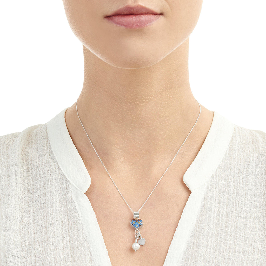 Forget-me-not necklace by Shrieking Violet® Sterling silver heart charm pendant with real forget-me-nots & a cultured pearl. Ideal for Mothers day.