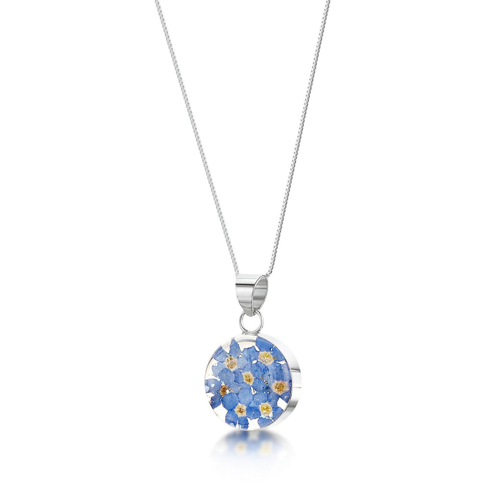 Forget-me-not necklace by Shrieking Violet® Sterling silver round pendant with real forget-me-nots. Perfect for Mothers day or bridesmaid jewellery.