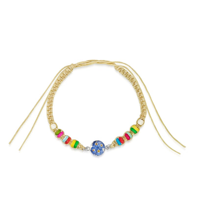 Friendship bracelet with colourful beads & a real flower charm.