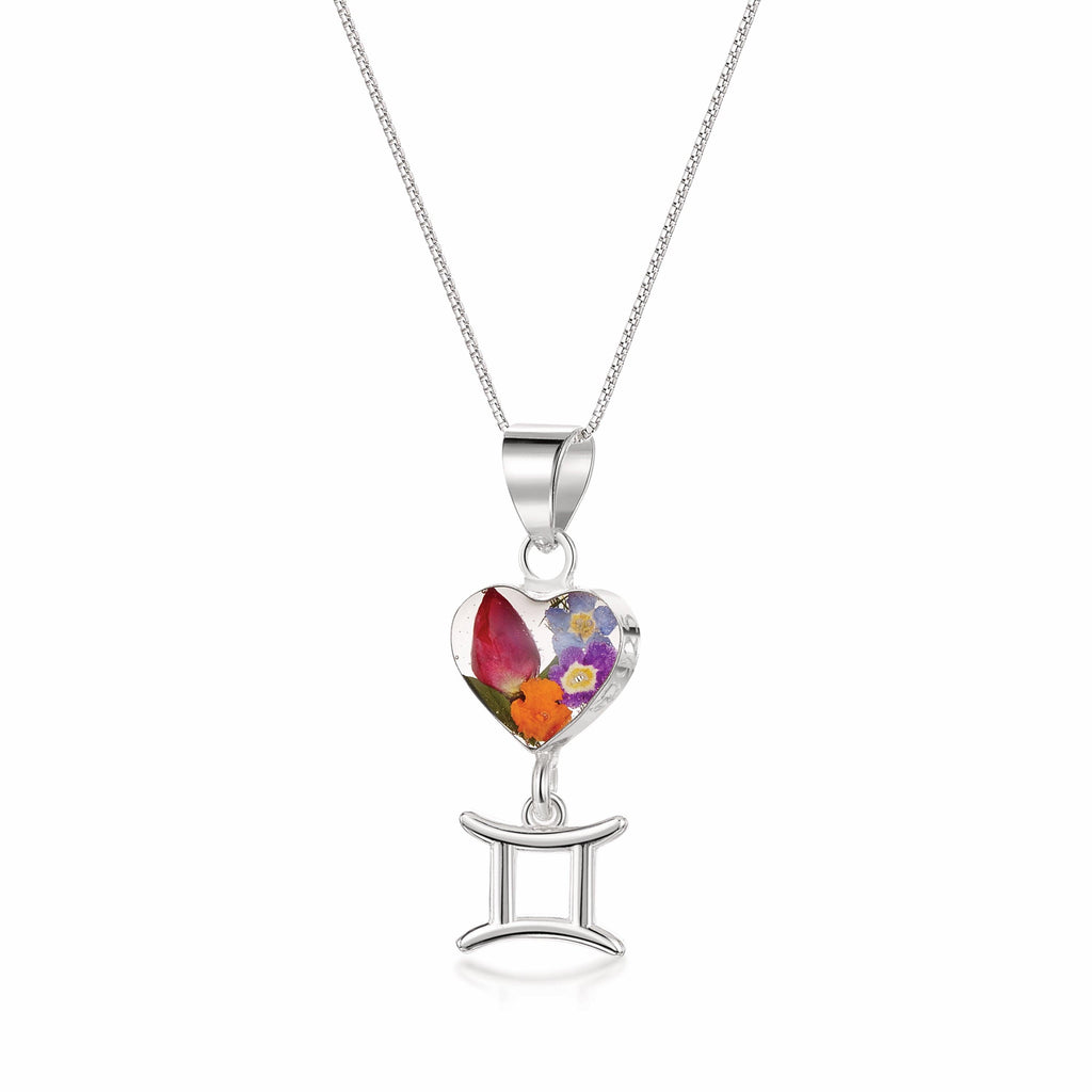 Gemini Necklace - Sterling silver pendant with real flowers & a zodiac charm. More Options...
