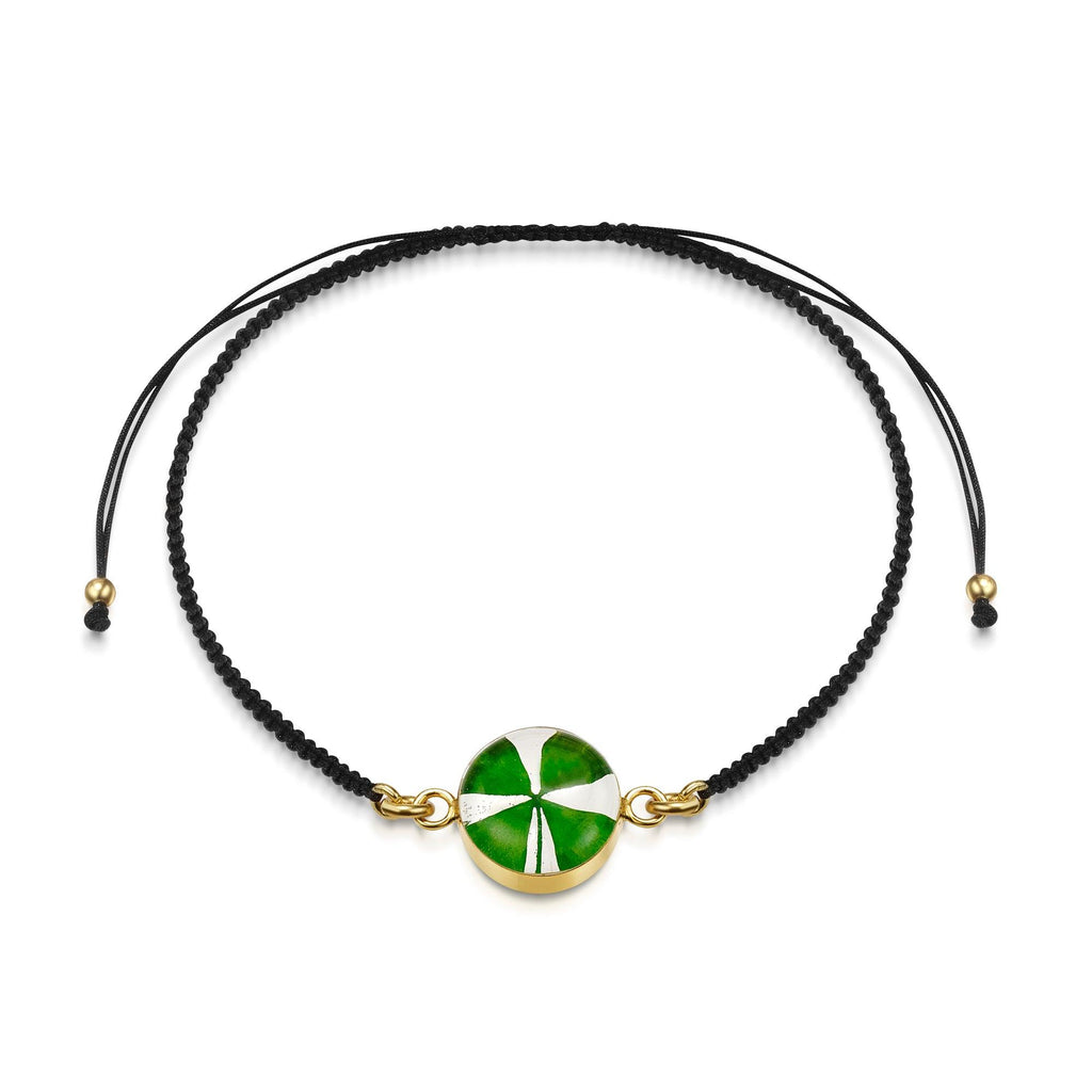 Gold plated black woven bracelet with flower charm - Clover - Round