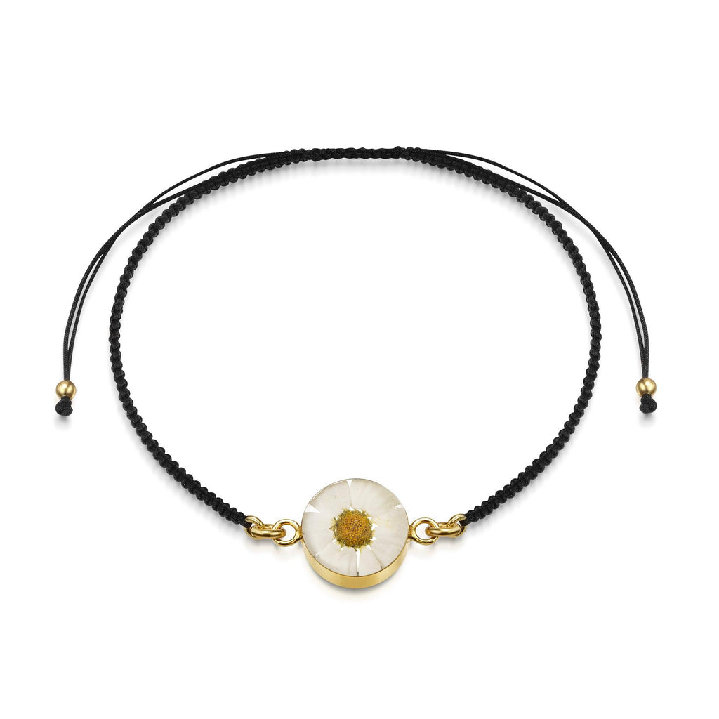 Gold plated black woven bracelet with flower charm - Daisy - Round