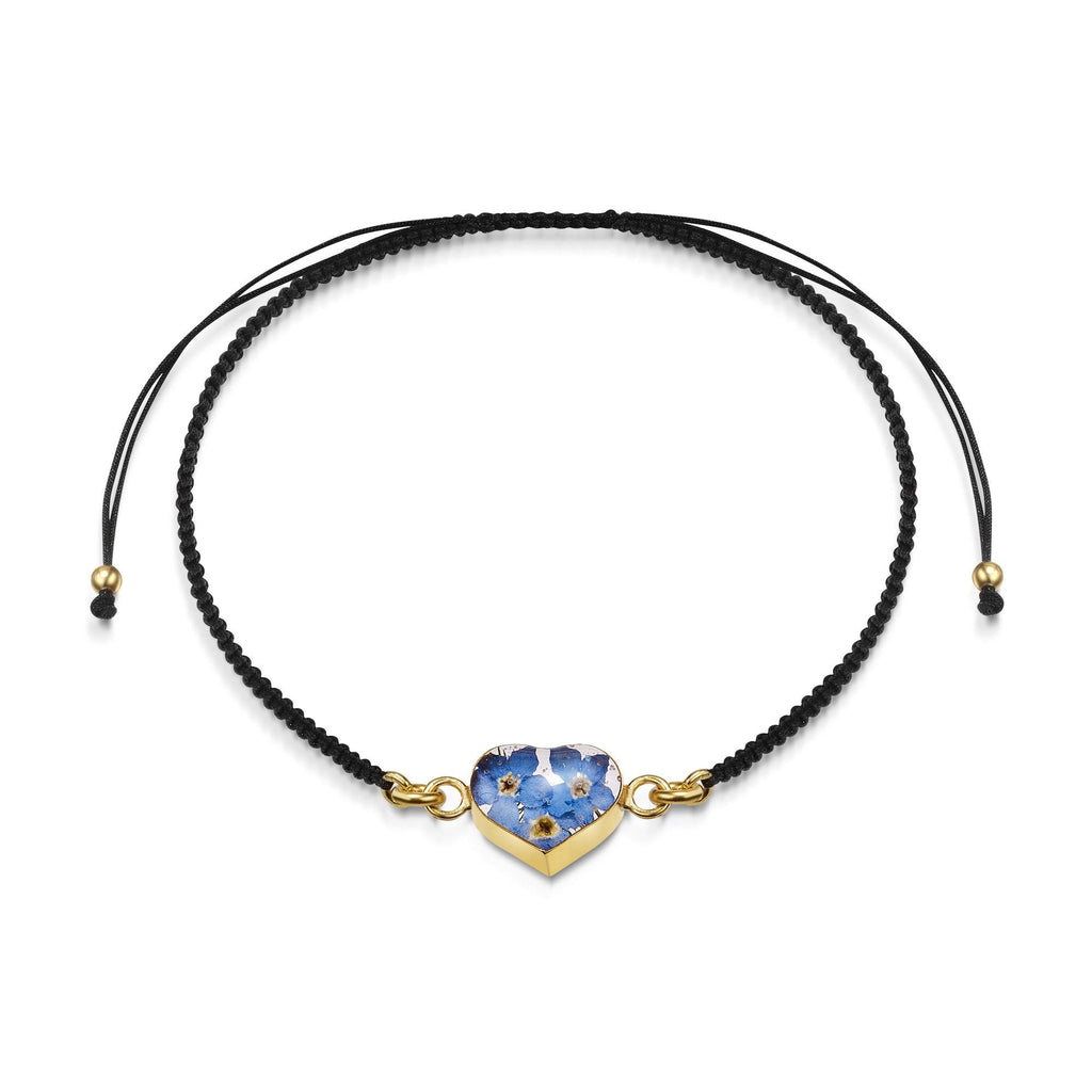 Gold plated black woven bracelet with flower charm - Forget-me-not - Heart