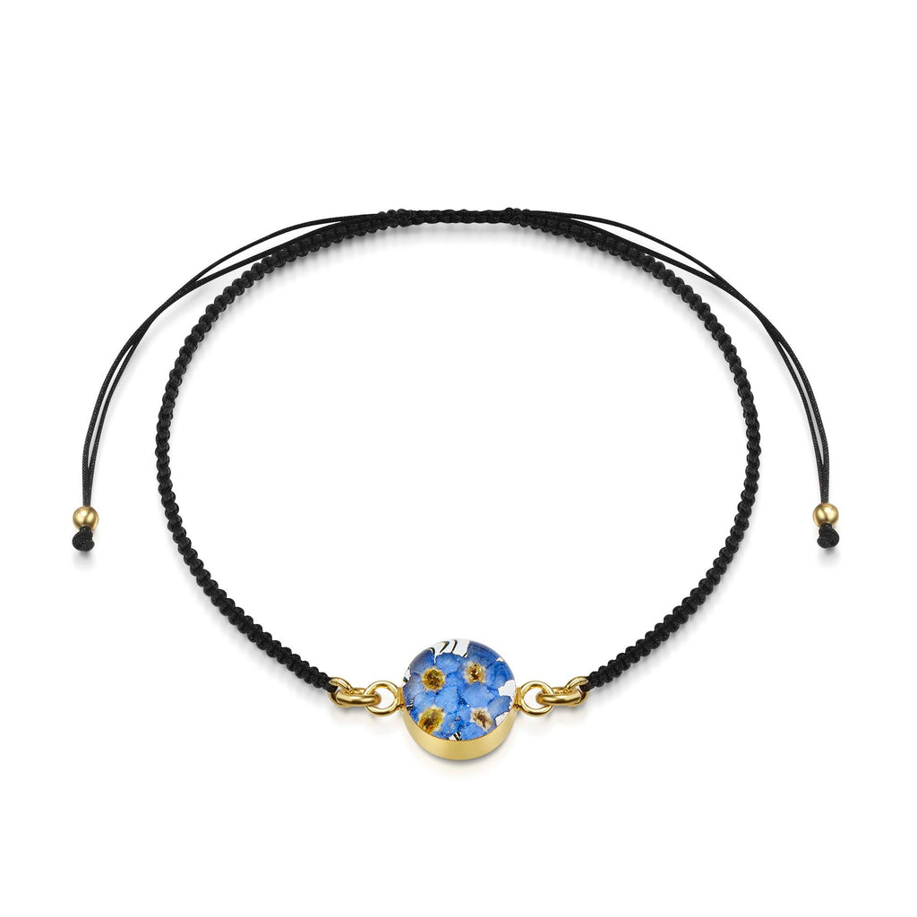 Gold plated black woven bracelet with flower charm - Forget-me-not - Round