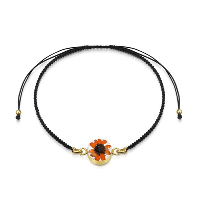 Gold plated black woven bracelet with flower charm - Sunflower - Round