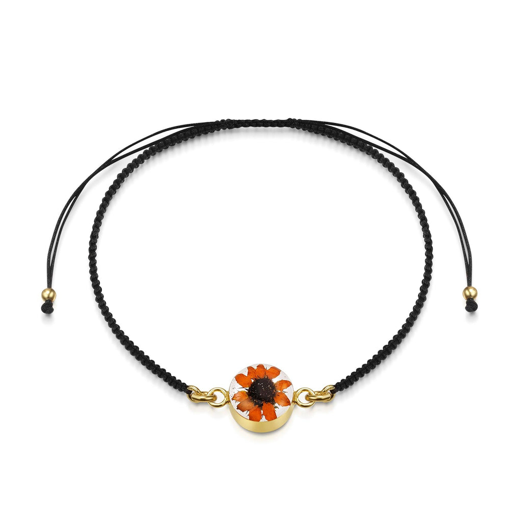 Gold plated black woven bracelet with flower charm - Sunflower - Round
