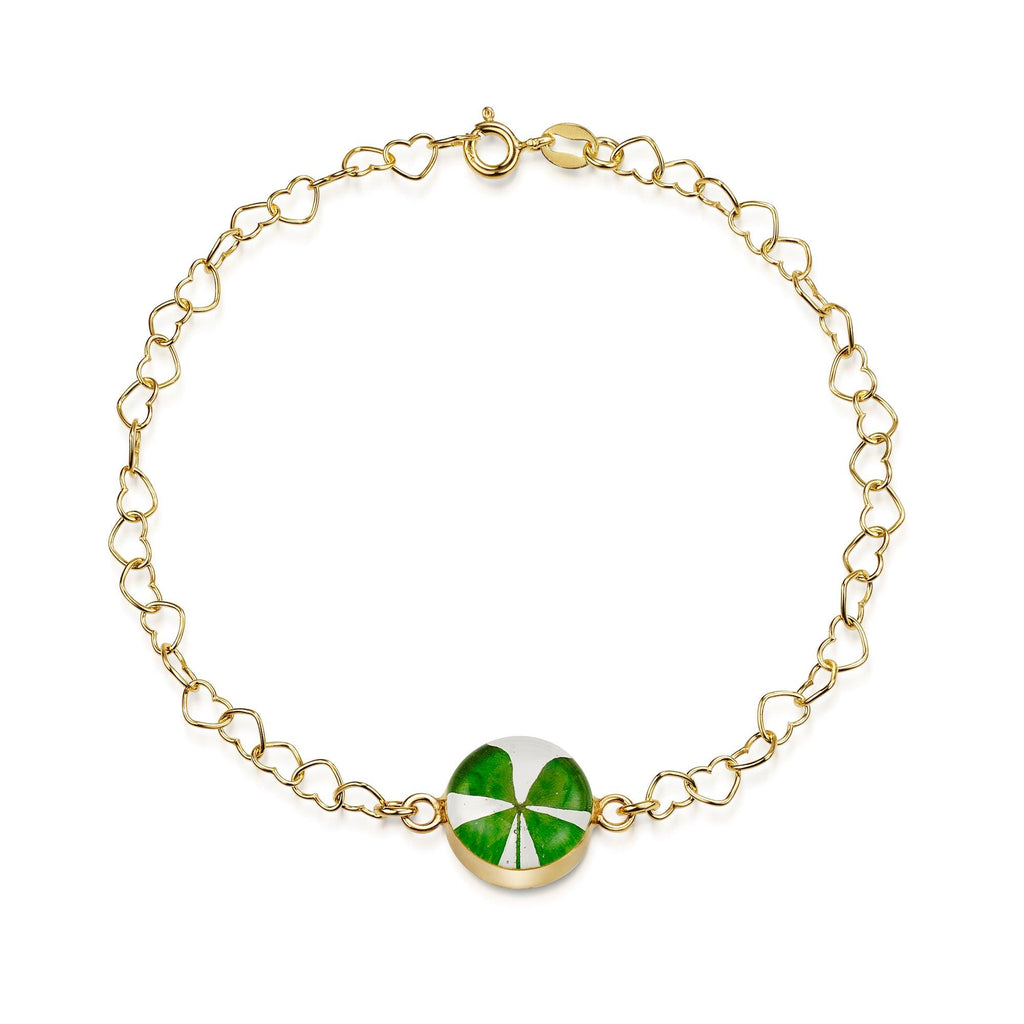 Gold plated Heart linked chain bracelet with flower charm - Clover - Round
