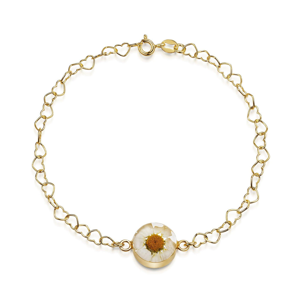Gold plated Heart linked chain bracelet with flower charm - Daisy - Round