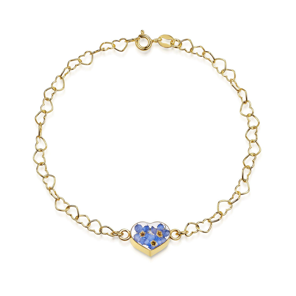 Gold plated Heart linked chain bracelet with flower charm - Forget-me-not - Heart