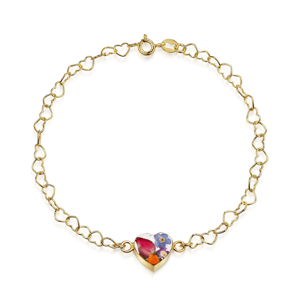 Gold plated Heart linked chain bracelet with flower charm - Mixed flower - Heart