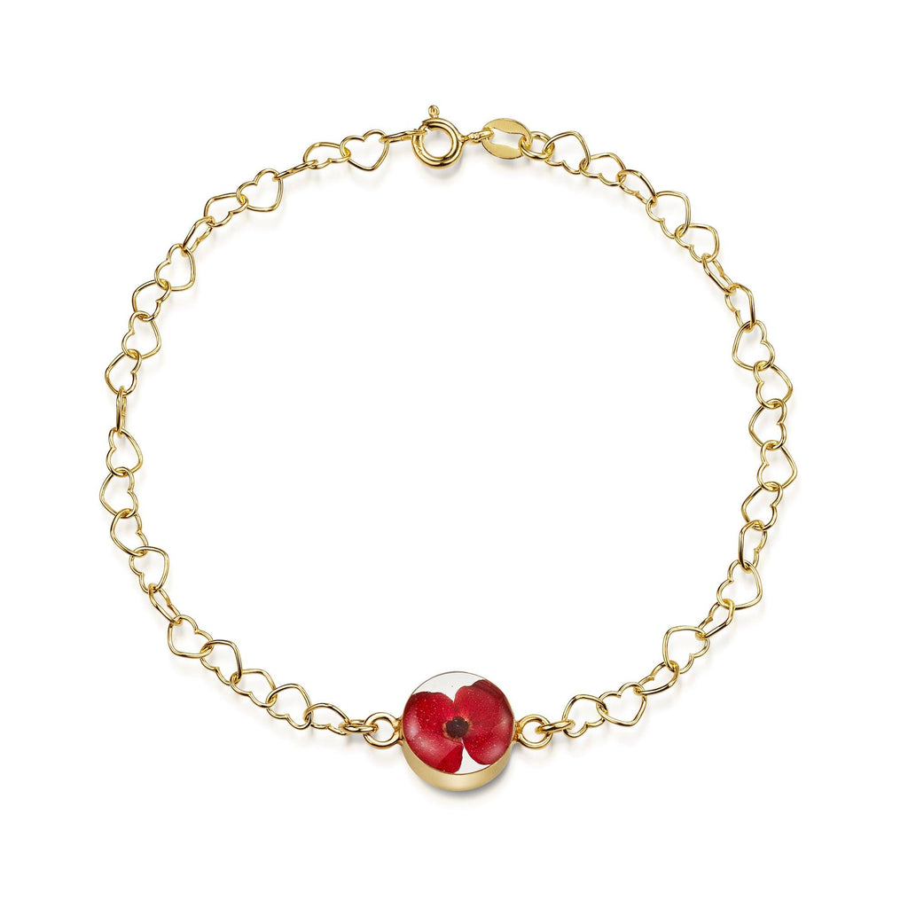 Gold plated Heart linked chain bracelet with flower charm - Poppy - Round