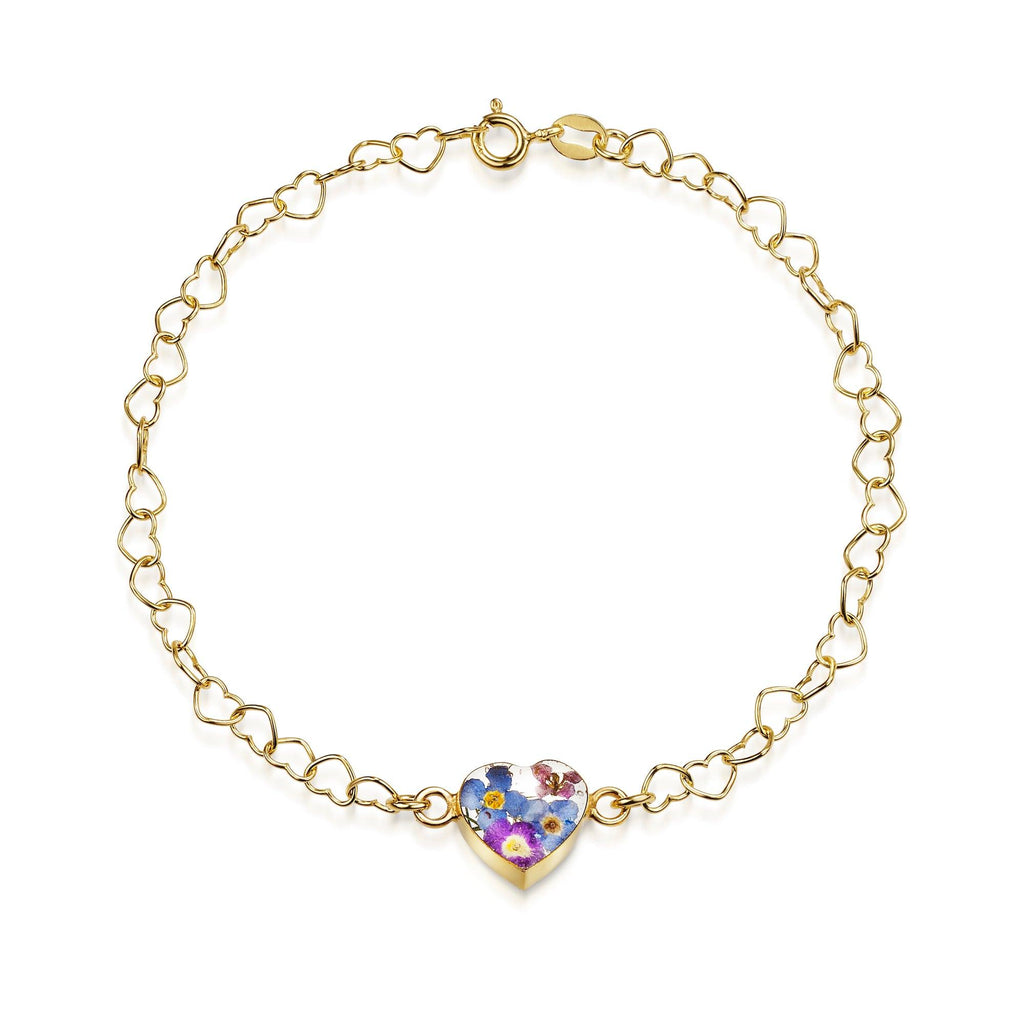 Gold plated Heart linked chain bracelet with flower charm - Purple Haze - Heart