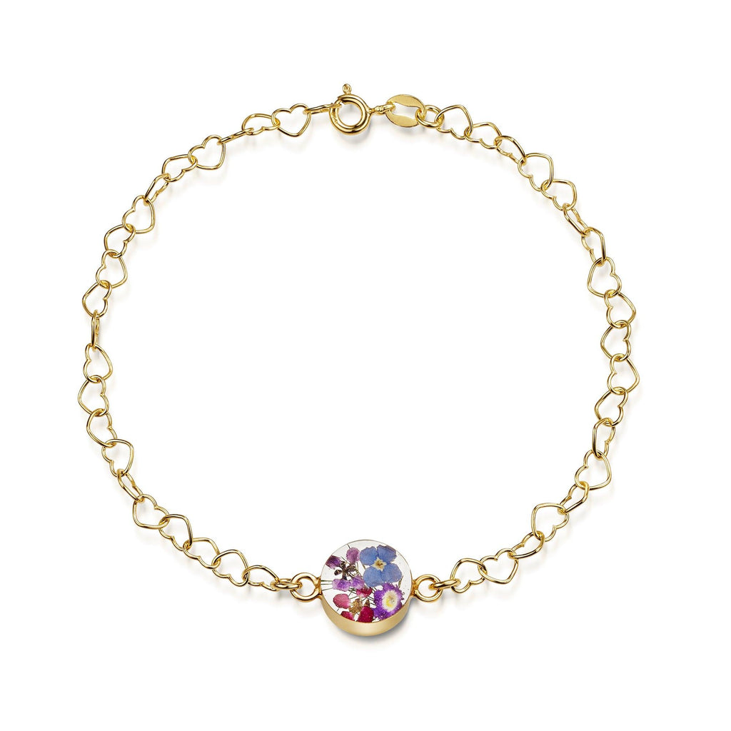 Gold plated Heart linked chain bracelet with flower charm - Purple Haze - Round