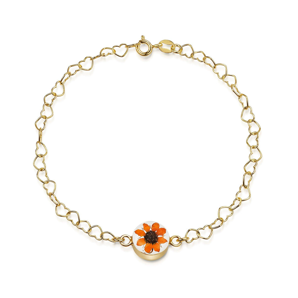 Gold plated Heart linked chain bracelet with flower charm - Sunflower - Round