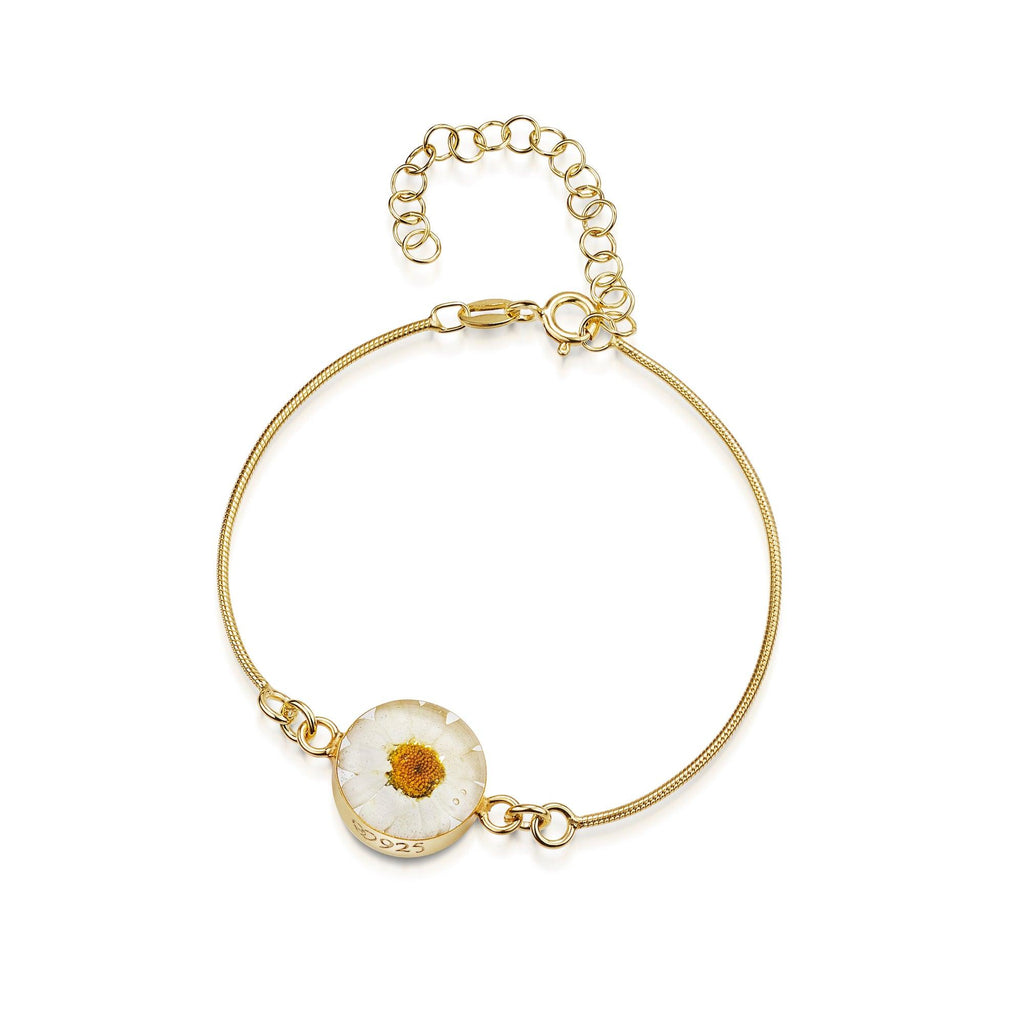 Gold plated snake bracelet with flower charm - Daisy - Round
