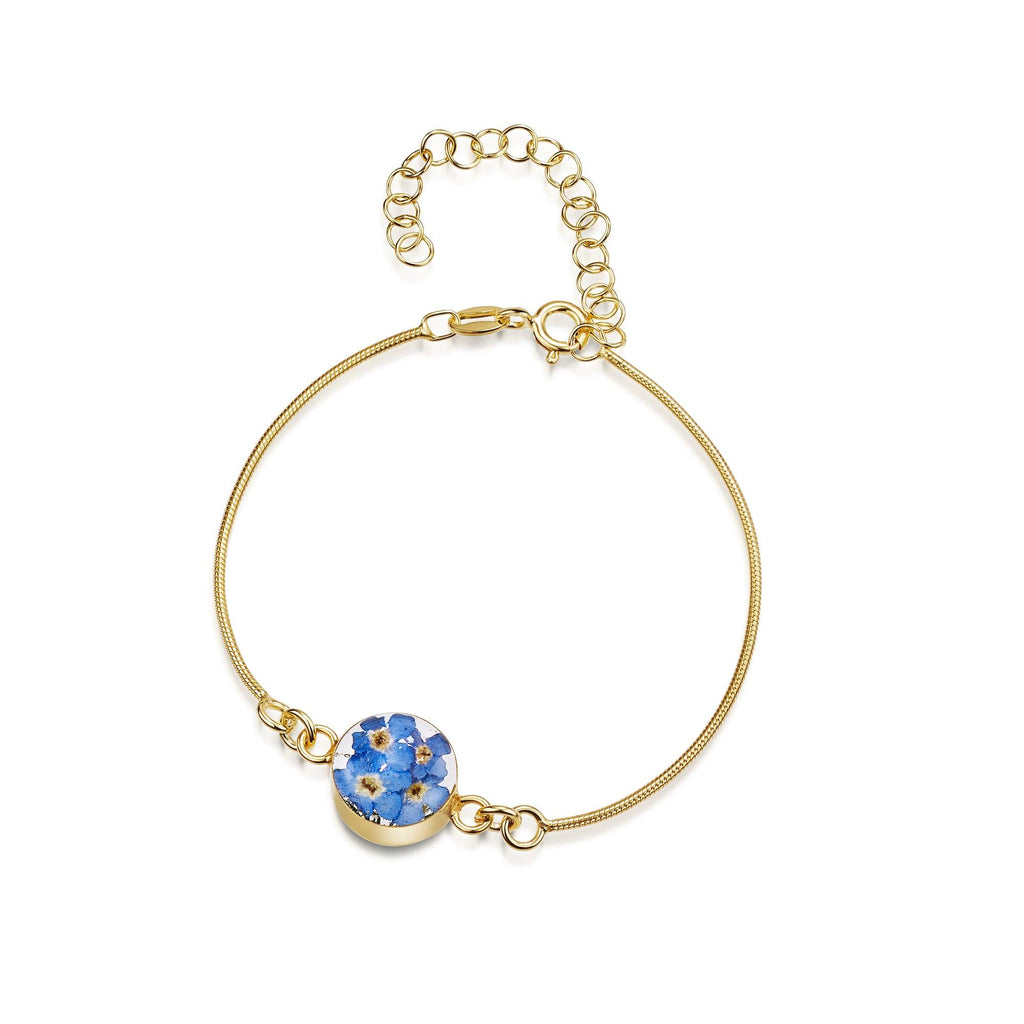 Gold plated snake bracelet with flower charm - Forget-me-not - Round