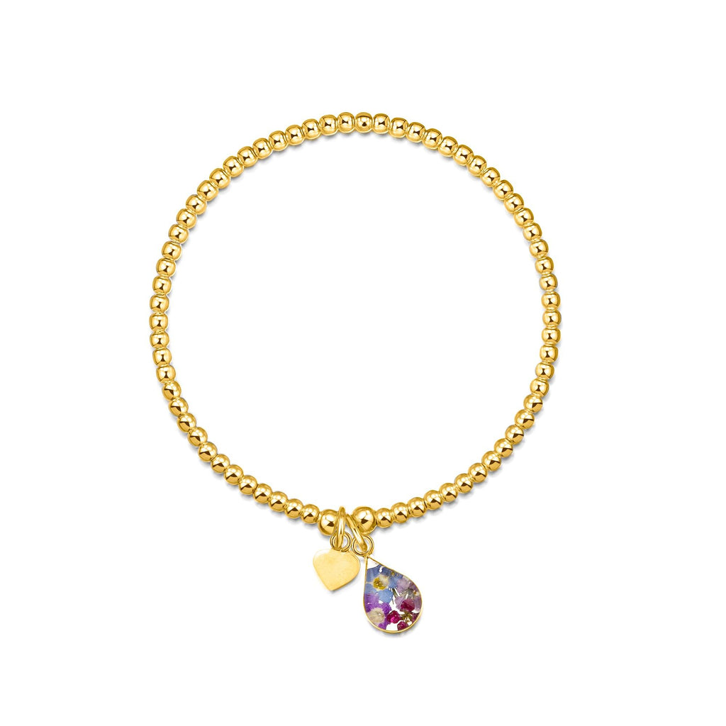 Gold plated sterling silver bracelet with real flowers by Shrieking Violet Sterling silver beads & teardrop charm handmade with real flowers.