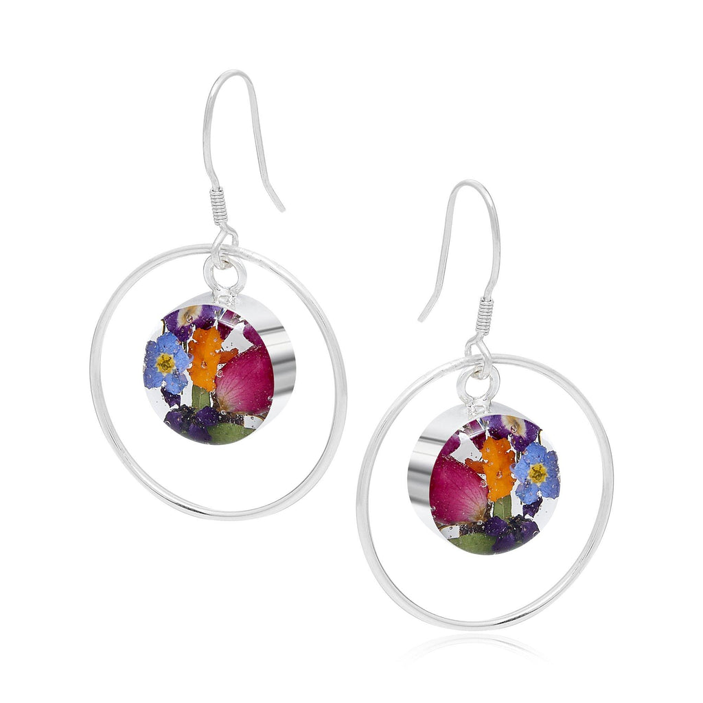 Handcrafted Sterling Silver Dangle Drop Earrings with Real Miniature Roses, Forget-Me-Nots & Purple Verbenas