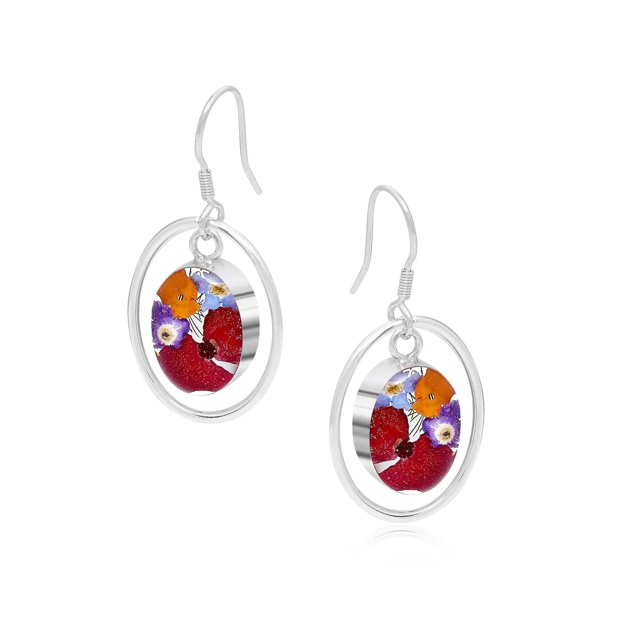 Handcrafted Sterling Silver Drop Earrings with Forget-Me-Nots, Purple Verbenas & Euphorbia Milii