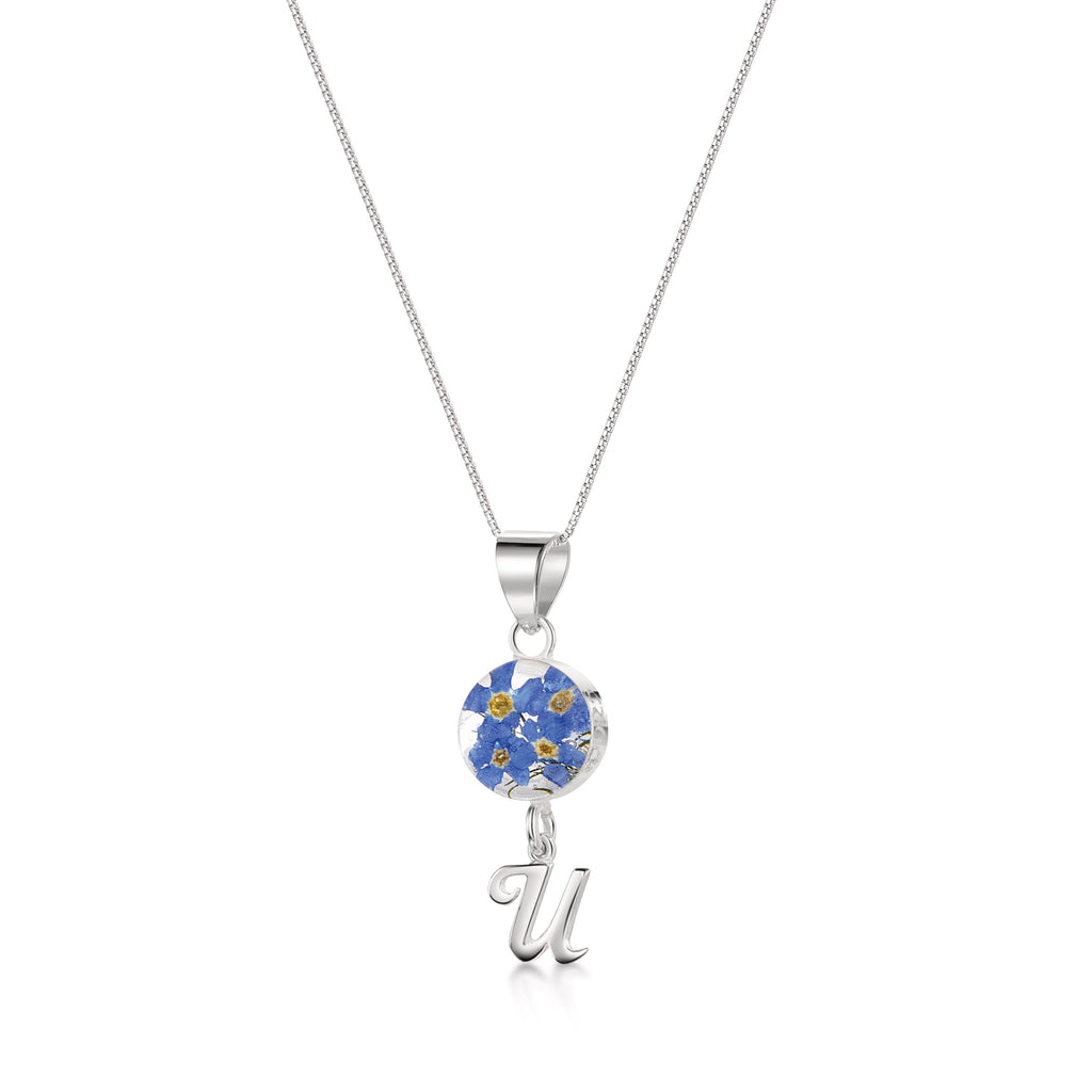 Handmade Sterling Silver Forget-Me-Not Pendant Necklaces with Initial Charm & forget me nots