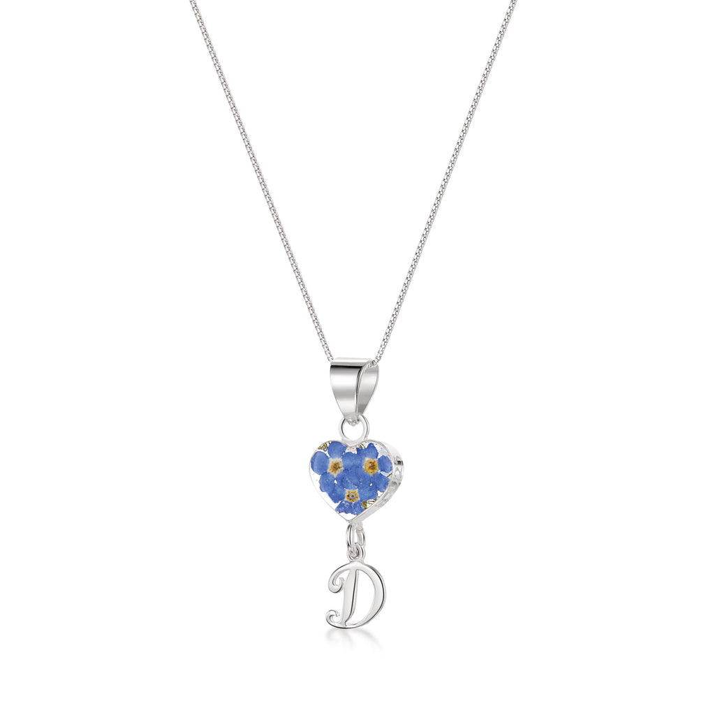 Handmade Sterling Silver Forget-Me-Not Pendant Necklaces with Initial Charm & forget me nots