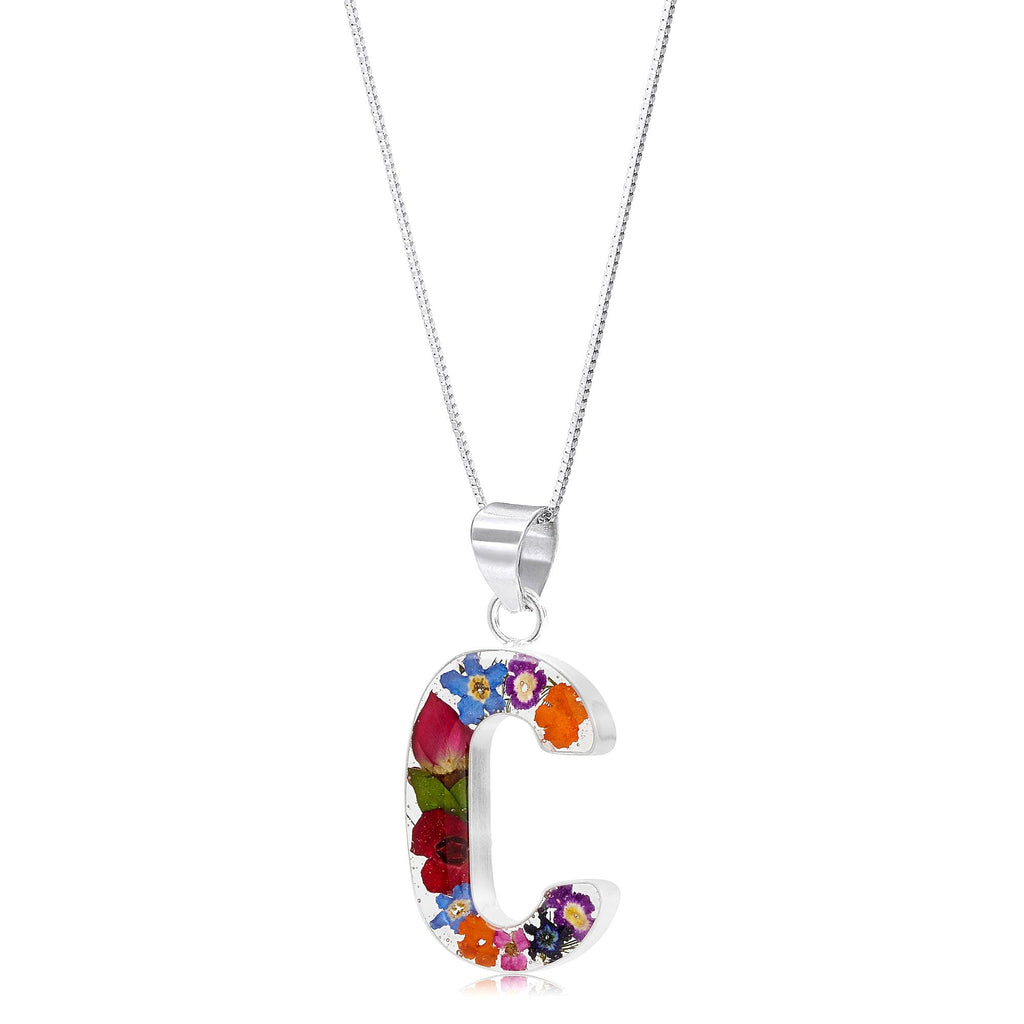 Initial necklace, Sterling silver Letters handmade with real Flowers. Perfect birthday gift