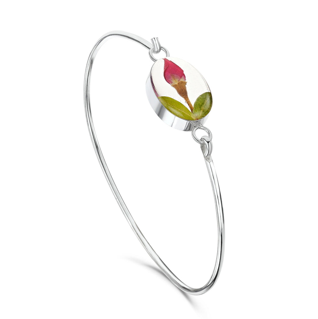 Miniature rose bangle by Shrieking Violet® Sterling silver oval bangle with real rose bud with giftbox. Perfect jewellery for Valentines day gift
