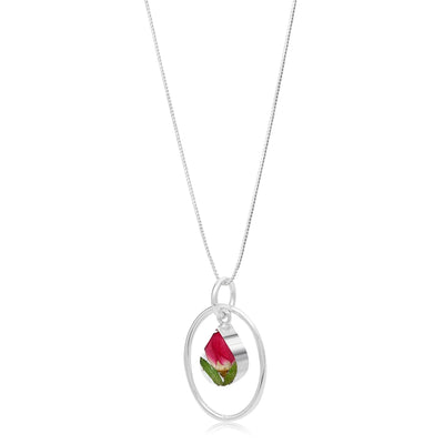 Miniature rose necklace by Shrieking Violet® Sterling silver teardrop pendant with real rose bud & silver oval hoop. Valentines gift