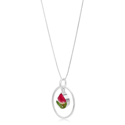 Miniature rose necklace by Shrieking Violet® Sterling silver teardrop pendant with real rose bud & silver oval hoop. Valentines gift