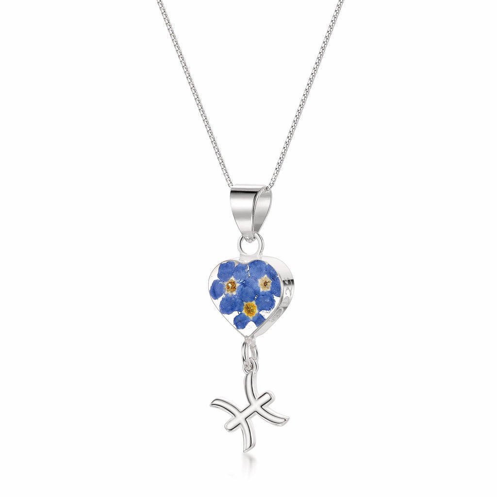 Pisces Necklace - Sterling silver pendant with real flowers & a zodiac charm More Options...