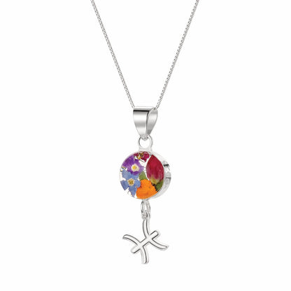 Pisces Necklace - Sterling silver pendant with real flowers & a zodiac charm More Options...