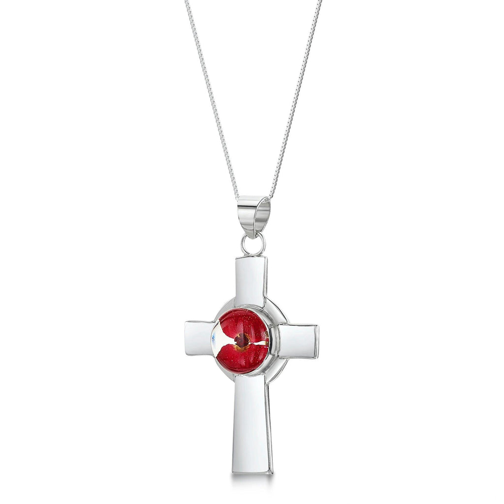 Poppy celtic cross necklace by Shrieking Violet® Sterling silver pendant handmade with real Euphorbia milii flowers. Perfect gift for Christmas.