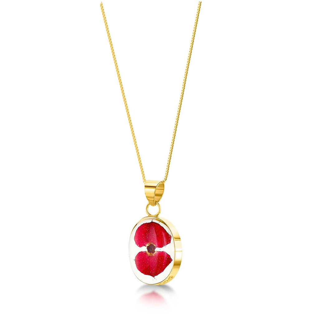 Poppy Necklace by Shrieking Violet® Gold-plated sterling silver chain & oval pendant with real flowers. Stylish jewellery gift for a special lady