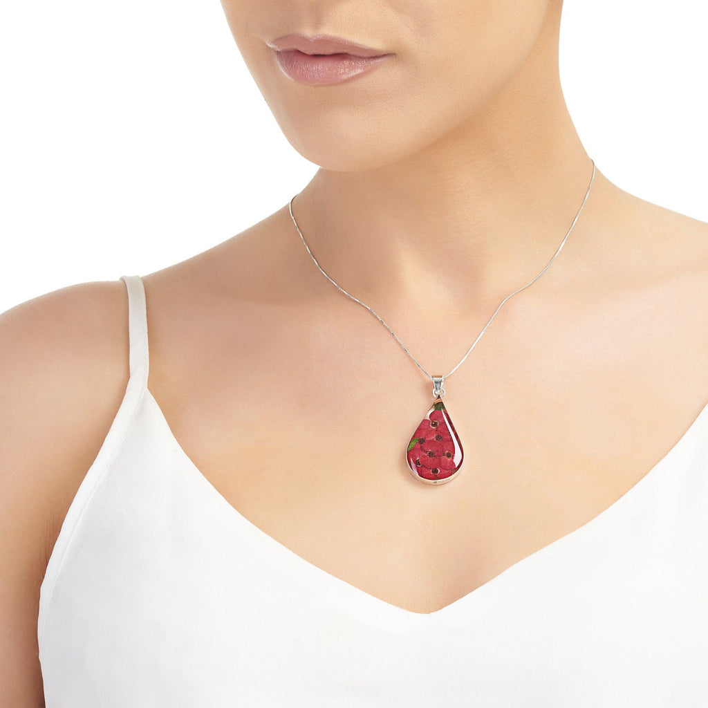 Poppy necklace by Shrieking Violet® Sterling silver large teardrop pendant handmade with real red Euphorbia milii flowers. Poppy jewellery