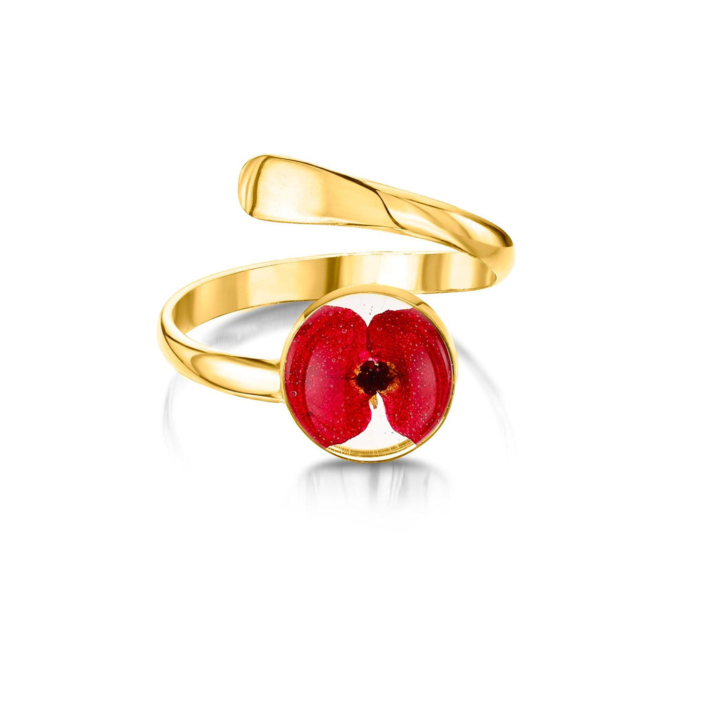 Poppy ring by Shrieking Violet® Gold-plated sterling silver adjustable ring with a real flower. Ideal gift for a special friend, mum, nanna, wife