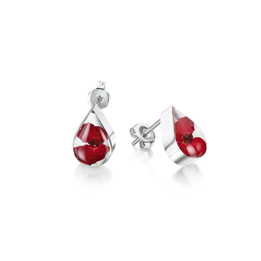 Poppy stud earrings by Shrieking Violet® Sterling silver teardrop stud earrings handmade with real flowers. jewellery gifts for her