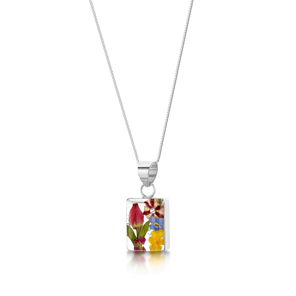 Real flower jewellery by Shrieking Violet® Sterling silver rectangle pendant necklace with real flowers including miniature rose & forget-me-nots.