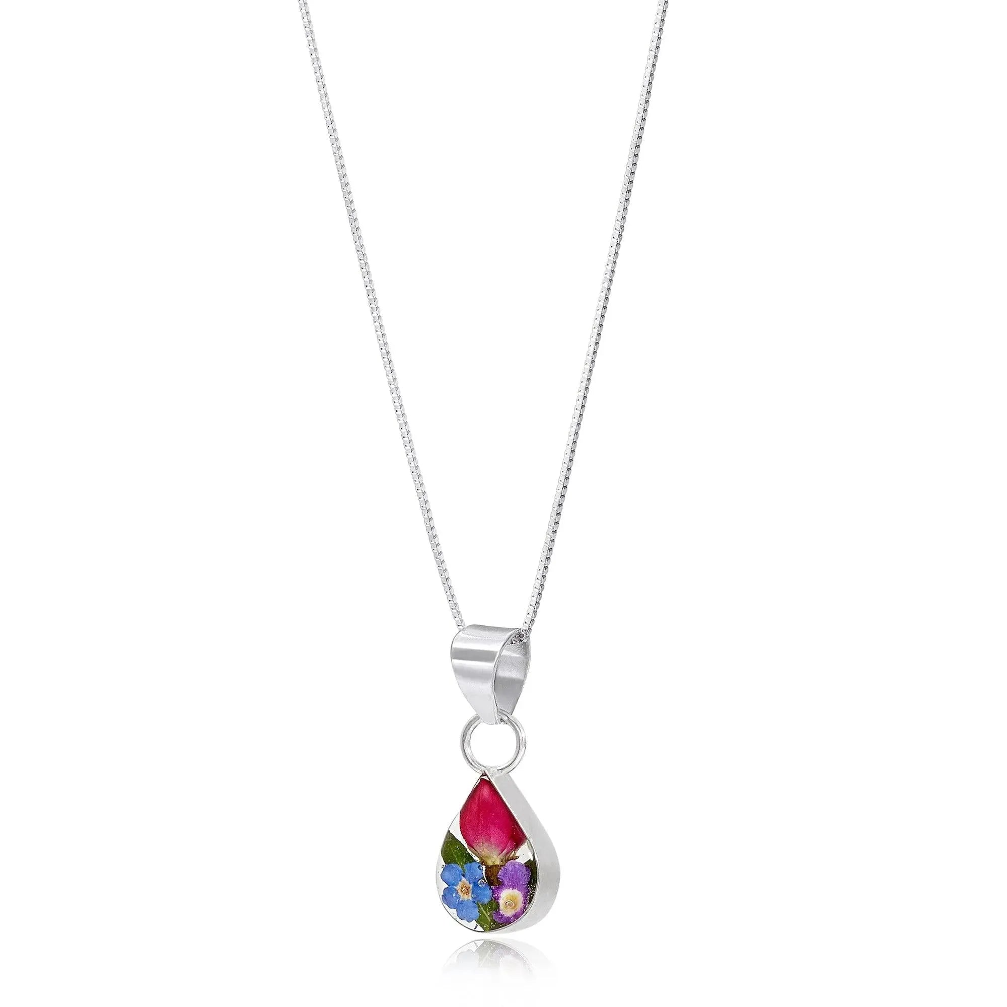 Real flower necklace by Shrieking Violet Sterling silver small teardrop pendant handmade with tiny flowers. jewellery for nature fashionistas.