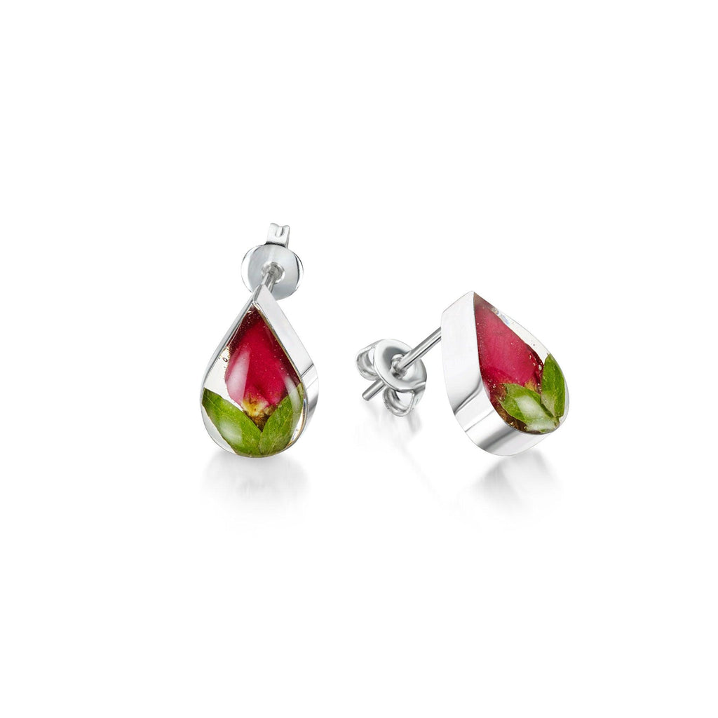Rose stud earrings by Shrieking Violet® Sterling silver teardrop stud earrings handmade with real miniature rose flowers. jewellery gifts for her