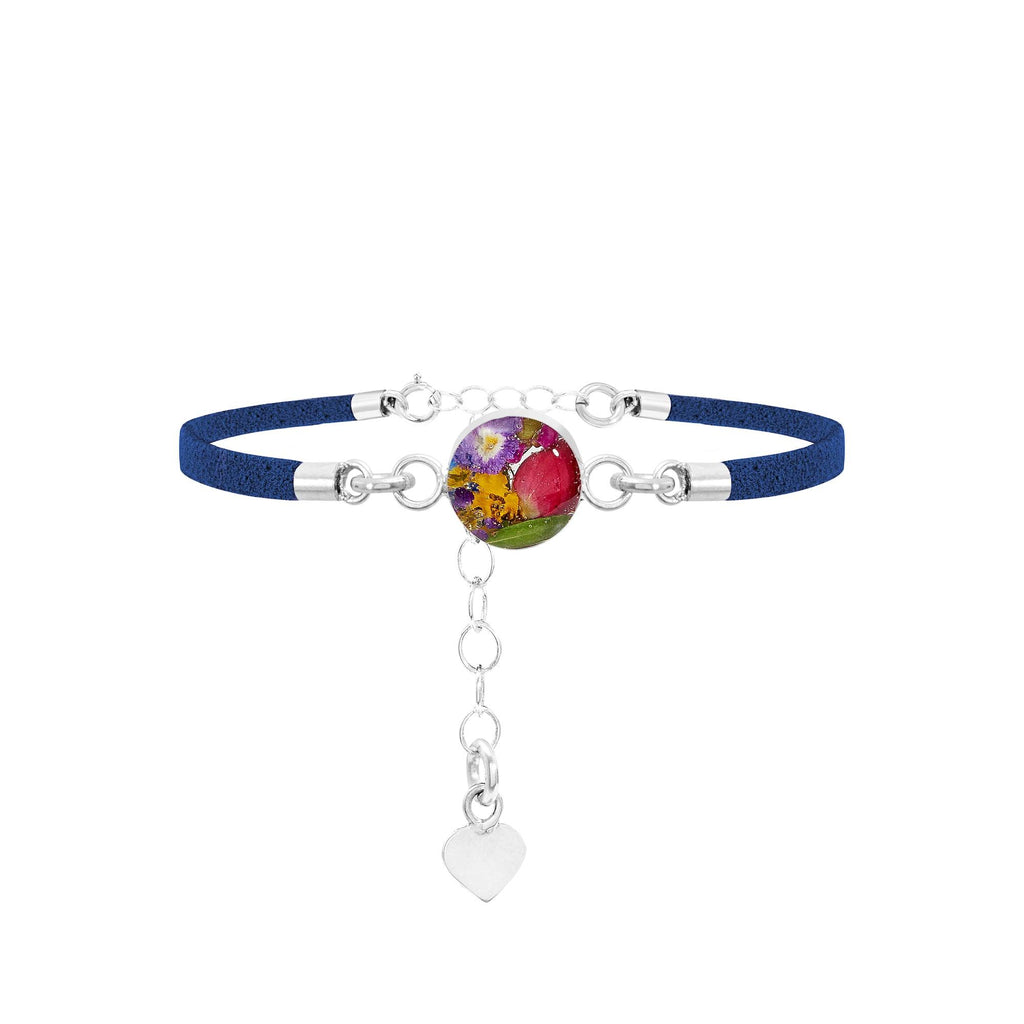 Shrieking Violet Funky Bracelet - Navy 'Vegan suede' strap -Sterling silver round with real flowers - Perfect gift for teacher.