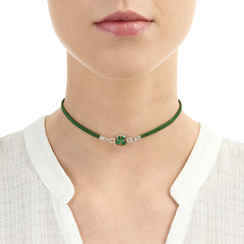 Shrieking Violet Funky Choker Necklace - Green 'Vegan suede' strap - Four-leaf Clover - Perfect gift for teacher - Sterling silver - One size