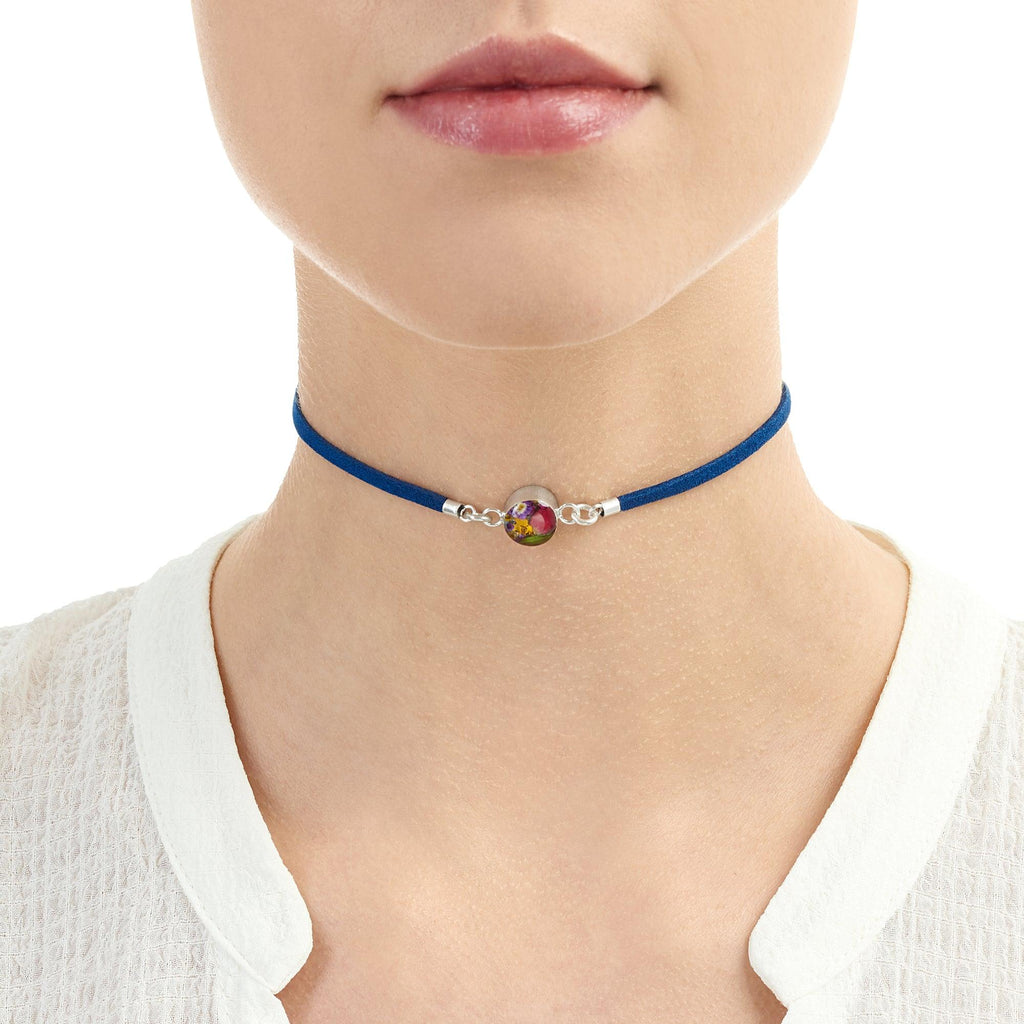 Shrieking Violet Funky Choker Necklace - Navy 'Vegan suede' strap - Mixed flowers - Round - Sterling silver - One size