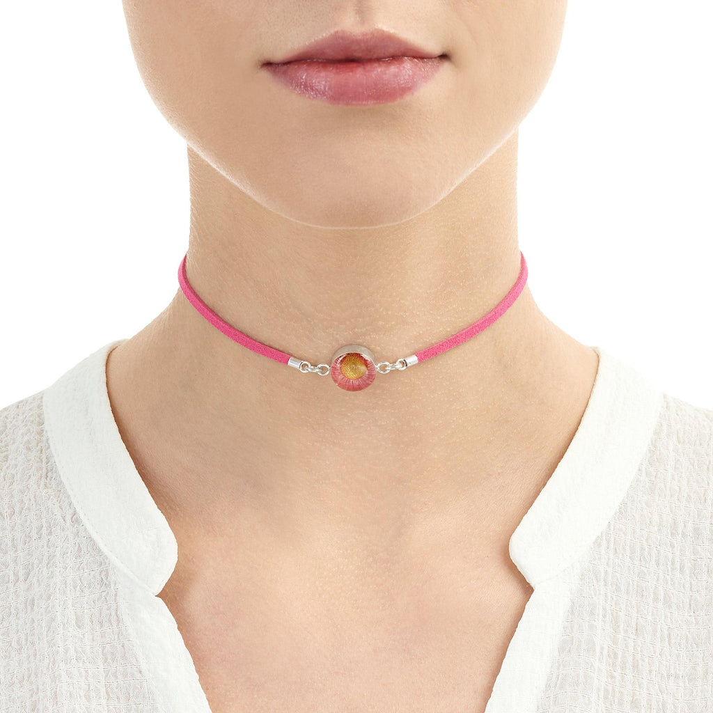 Shrieking Violet Funky Choker Necklace - Pink 'Vegan suede' strap - Pink Daisy - Sterling silver - One size