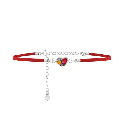 Shrieking Violet Funky Choker Necklace - Red 'Vegan suede' strap - Mixed flowers - Heart - Sterling silver - One size
